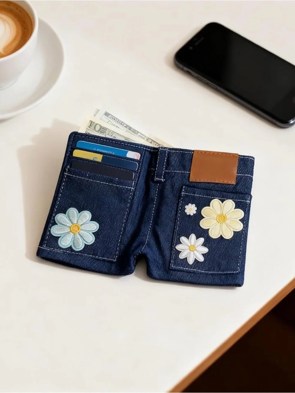 Dark Blue Denim Women's Floral Patch Jean Shorts..Card Holder-wallet